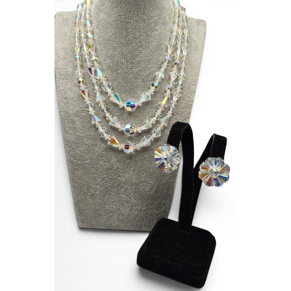 Vintage AB Crystal Beaded Necklace Earrings Set Wedding Prom